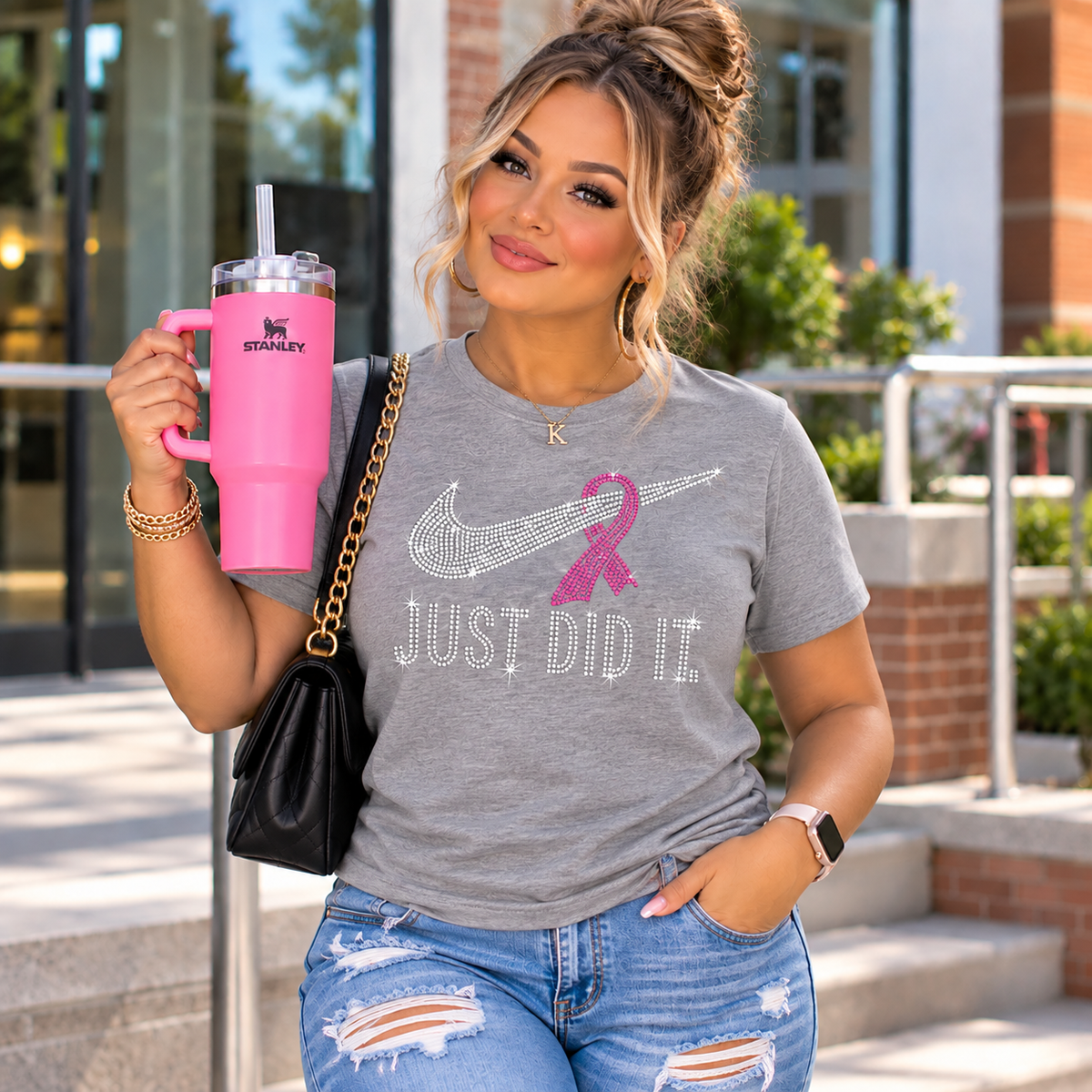 Just Did It. Rhinestone Breast Cancer Awareness T-Shirt | Pink Ribbon Bling Tee