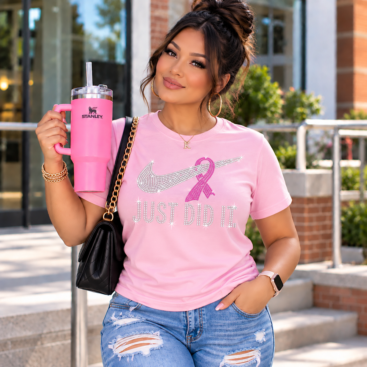 Just Did It. Rhinestone Breast Cancer Awareness T-Shirt | Pink Ribbon Bling Tee