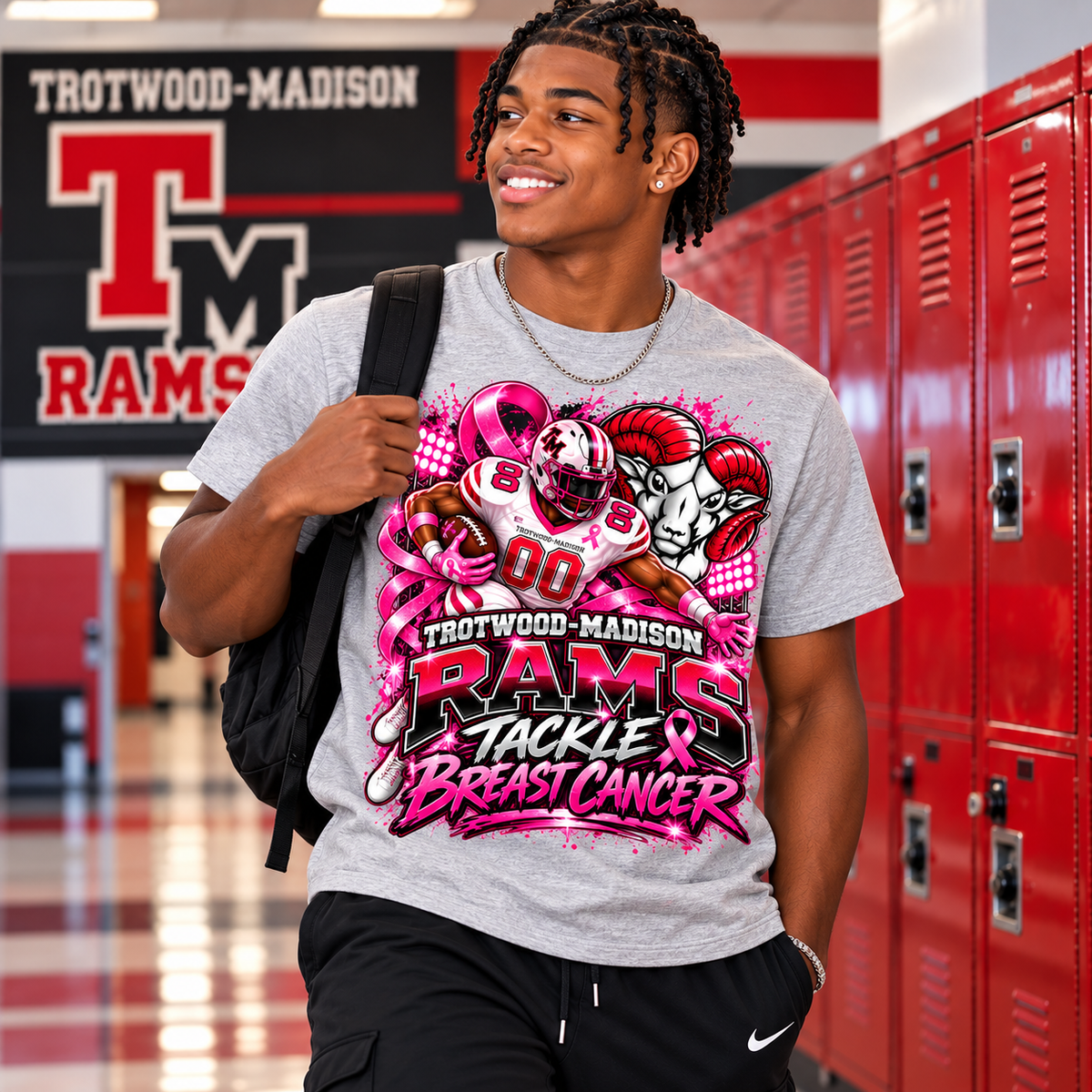 Trotwood-Madison Rams Tackle Breast Cancer Football T-Shirt | Pink Out Spirit Tee