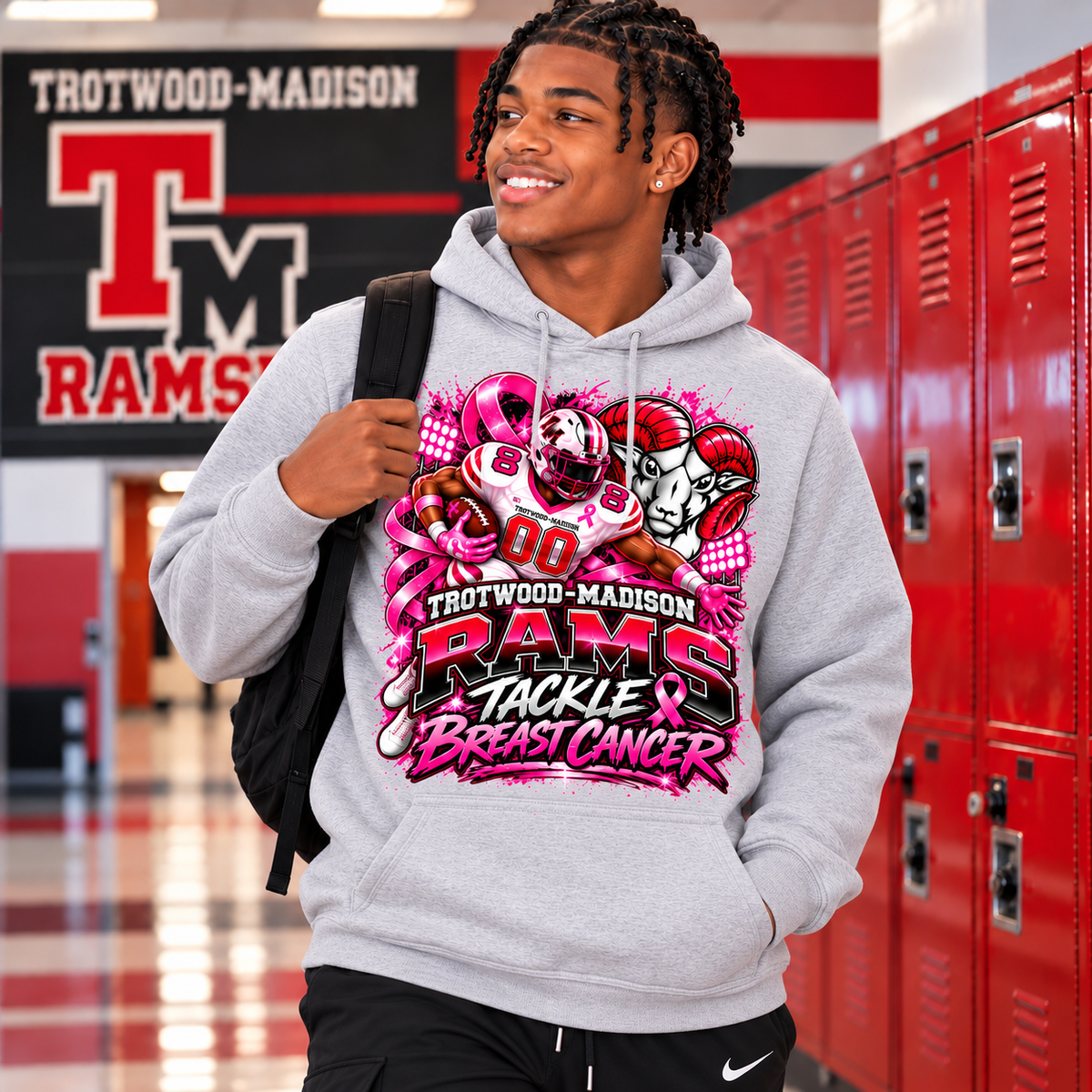 Trotwood-Madison Rams Tackle Breast Cancer Football Hoodie | Pink Out Spirit Hoodie