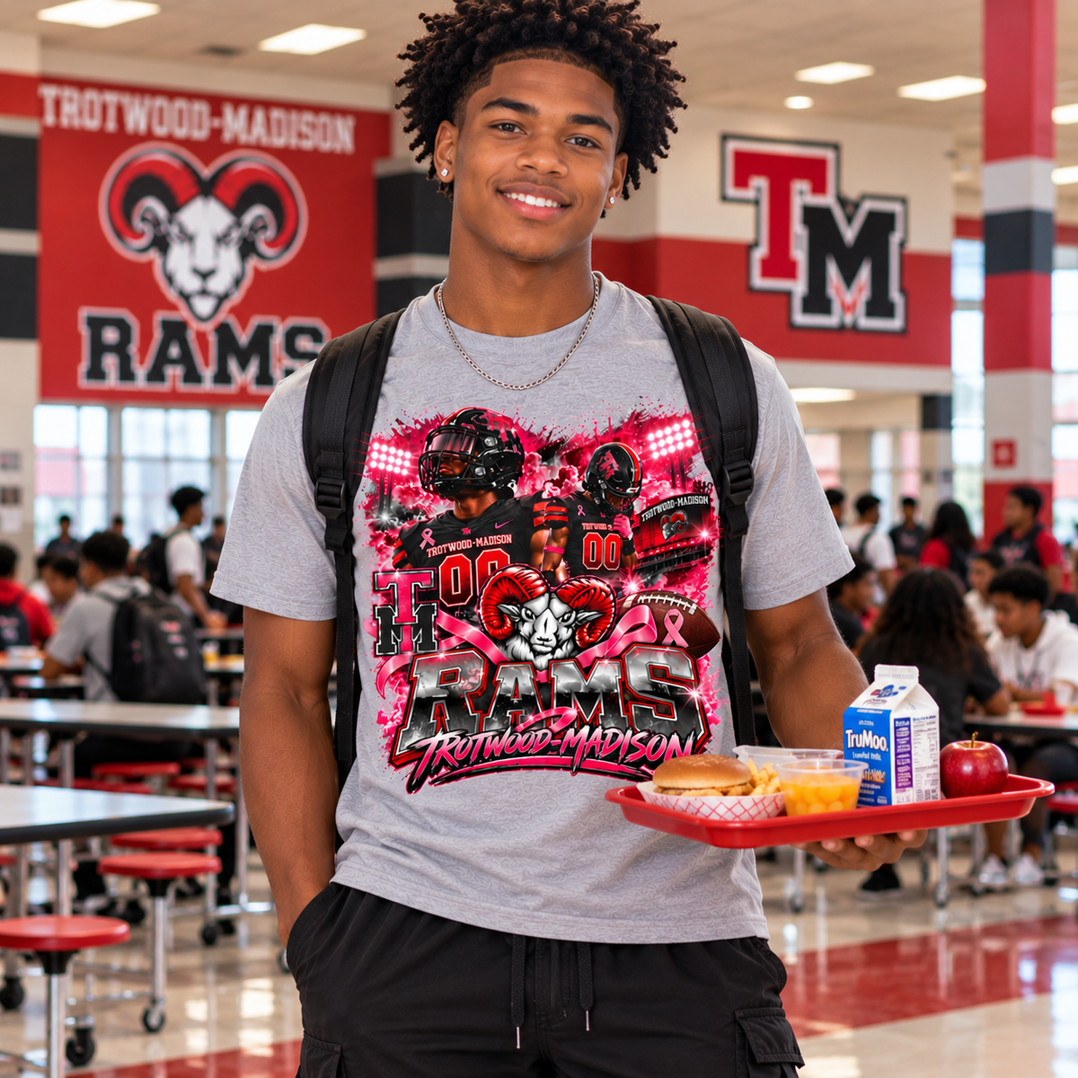 Trotwood-Madison Rams Football Breast Cancer Awareness T-Shirt | Pink Out Game Day Spirit Tee