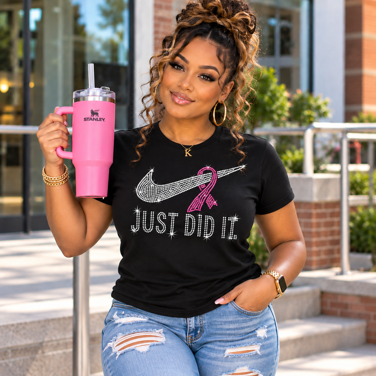 Just Did It. Rhinestone Breast Cancer Awareness T-Shirt | Pink Ribbon Bling Tee