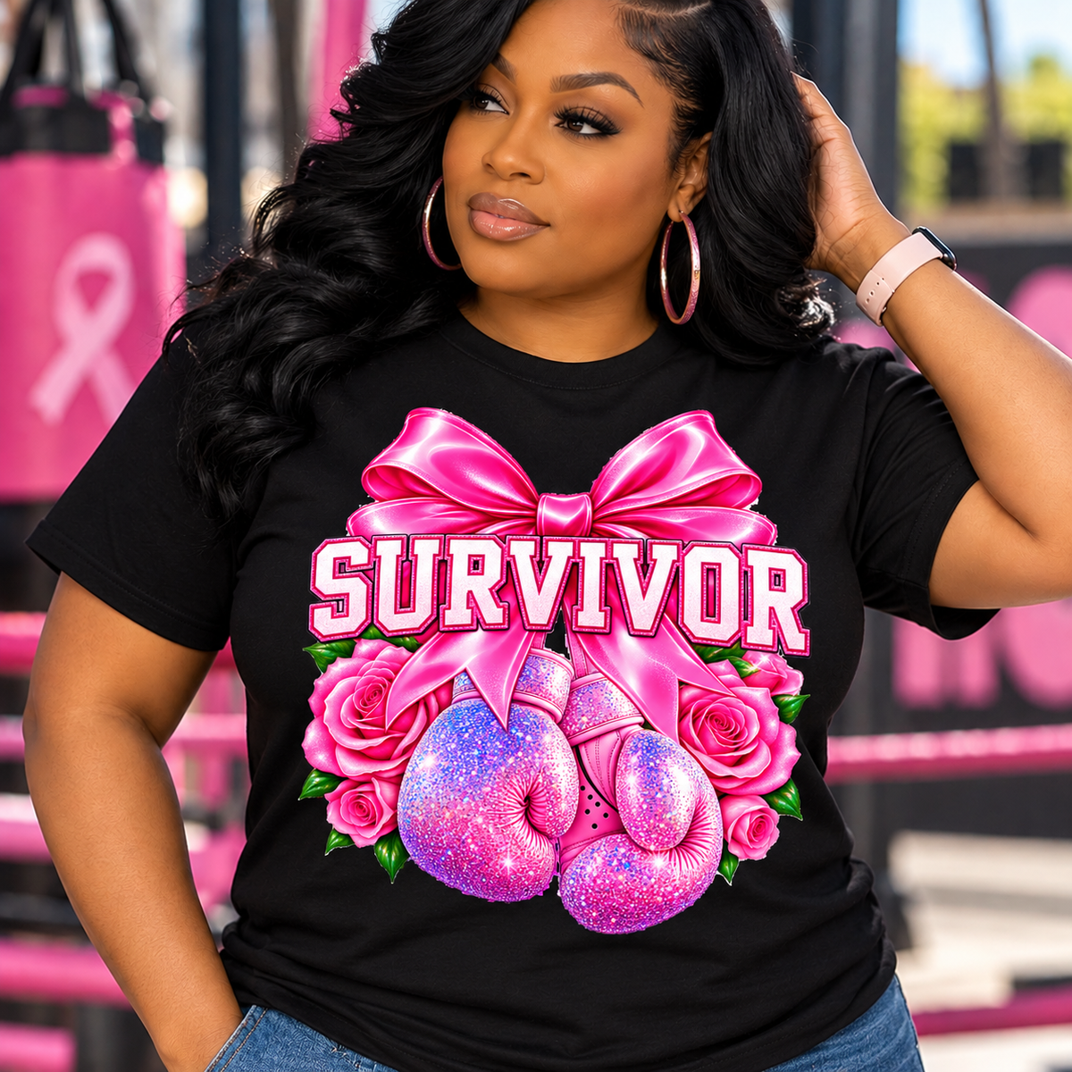 Survivor Breast Cancer Awareness T-Shirt | Pink Boxing Gloves & Bow Tee