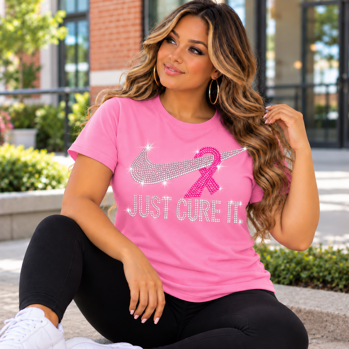 Just Cure It. Rhinestone Breast Cancer Awareness Tee | Pink Ribbon Bling Tee