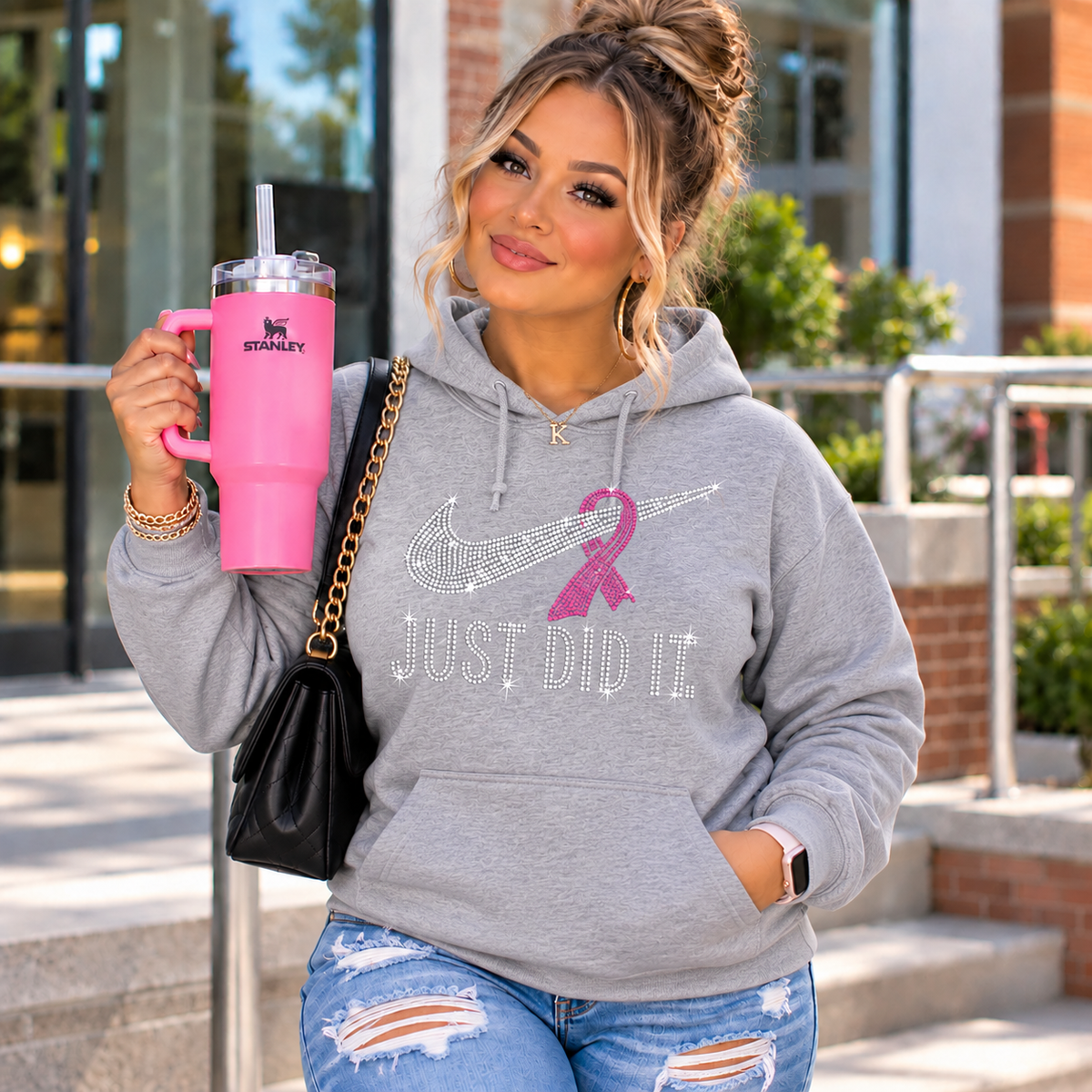 Just Did It. Rhinestone Breast Cancer Awareness Hoodie | Pink Ribbon Bling Hoodie