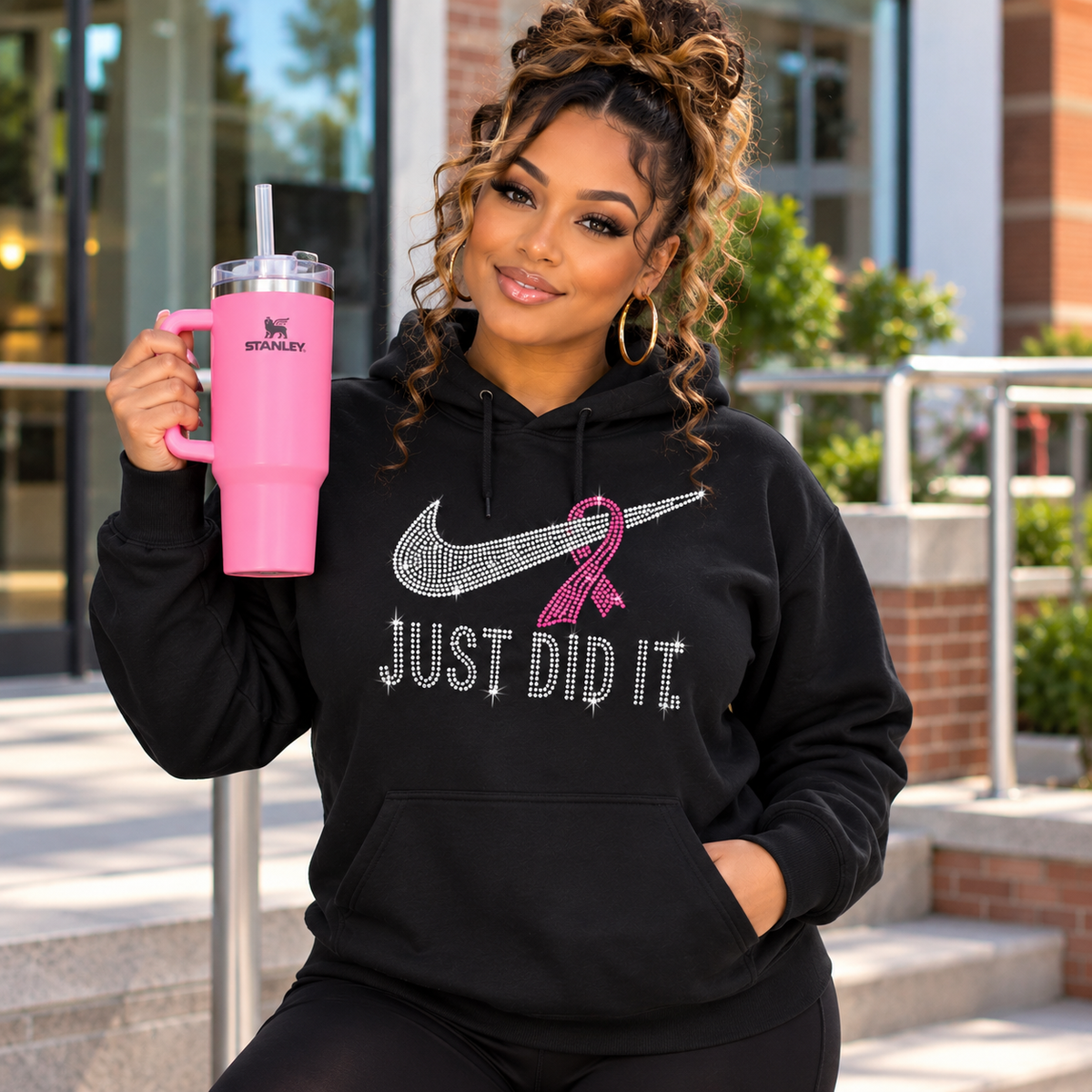 Just Did It. Rhinestone Breast Cancer Awareness Hoodie | Pink Ribbon Bling Hoodie