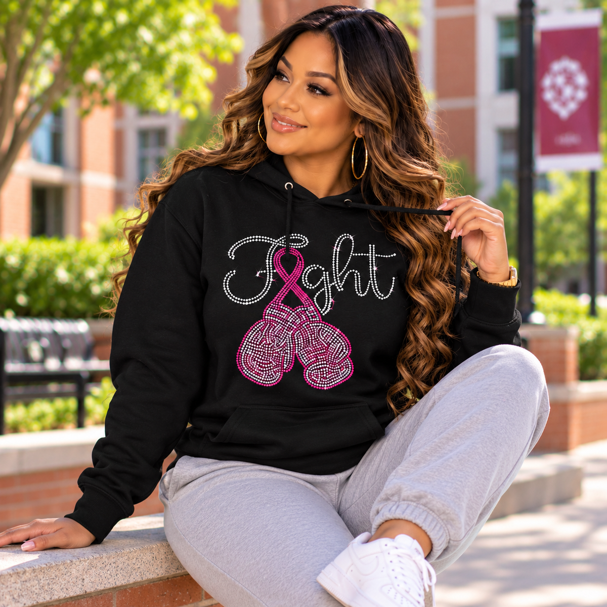 Fight Breast Cancer Rhinestone T-Shirt | Pink Ribbon Boxing Gloves Hoodie | Women's Breast Cancer Awareness Hoodie