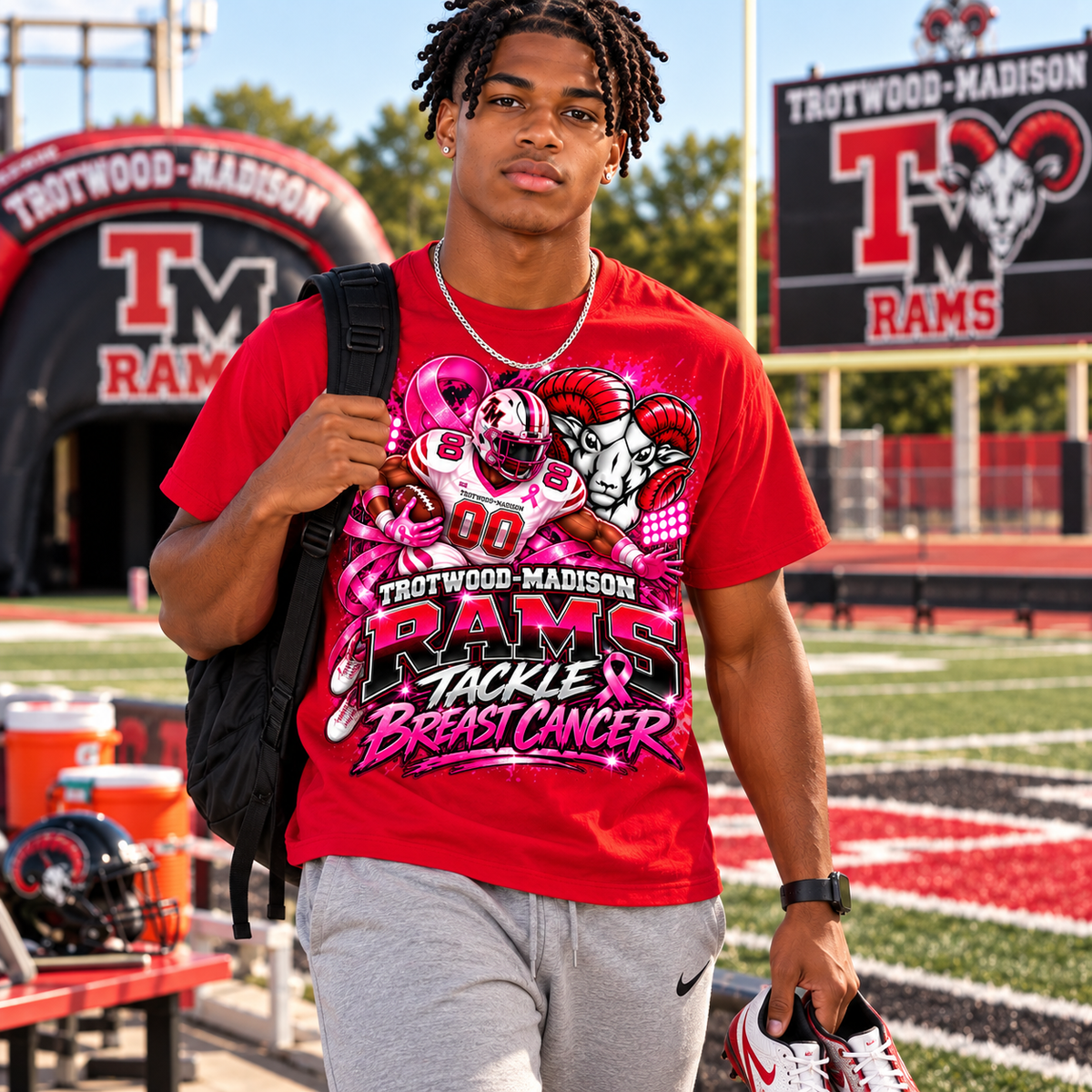 Trotwood-Madison Rams Tackle Breast Cancer Football T-Shirt | Pink Out Spirit Tee
