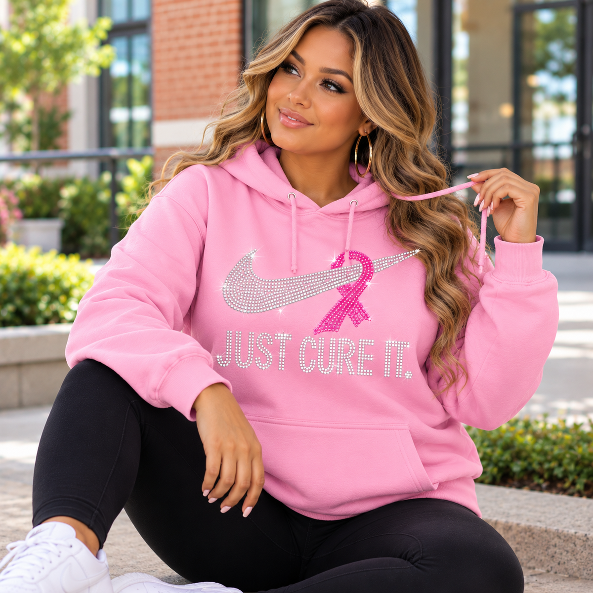 Just Cure It. Rhinestone Breast Cancer Awareness Hoodie | Pink Ribbon Bling Hoodie