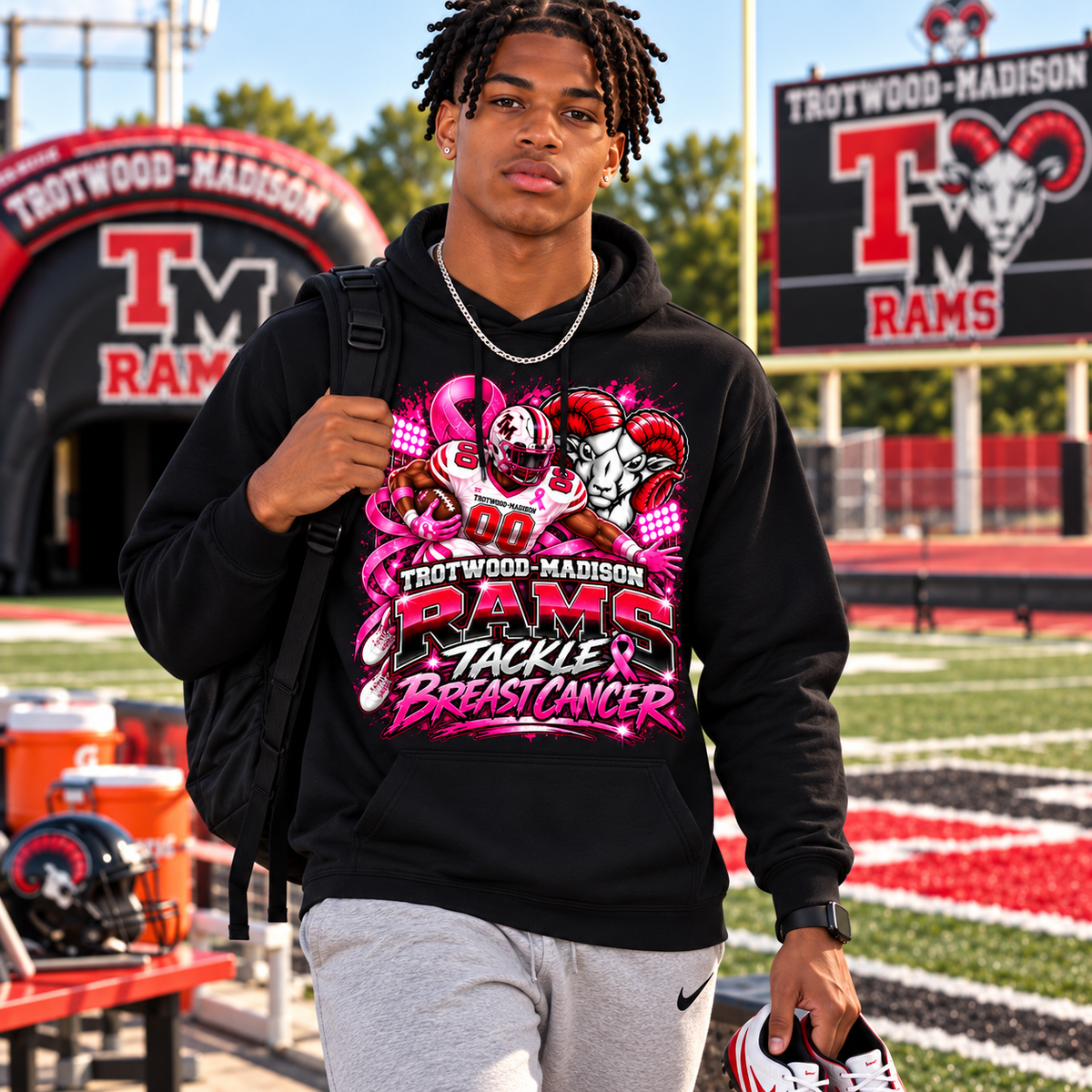 Trotwood-Madison Rams Tackle Breast Cancer Football Hoodie | Pink Out Spirit Hoodie