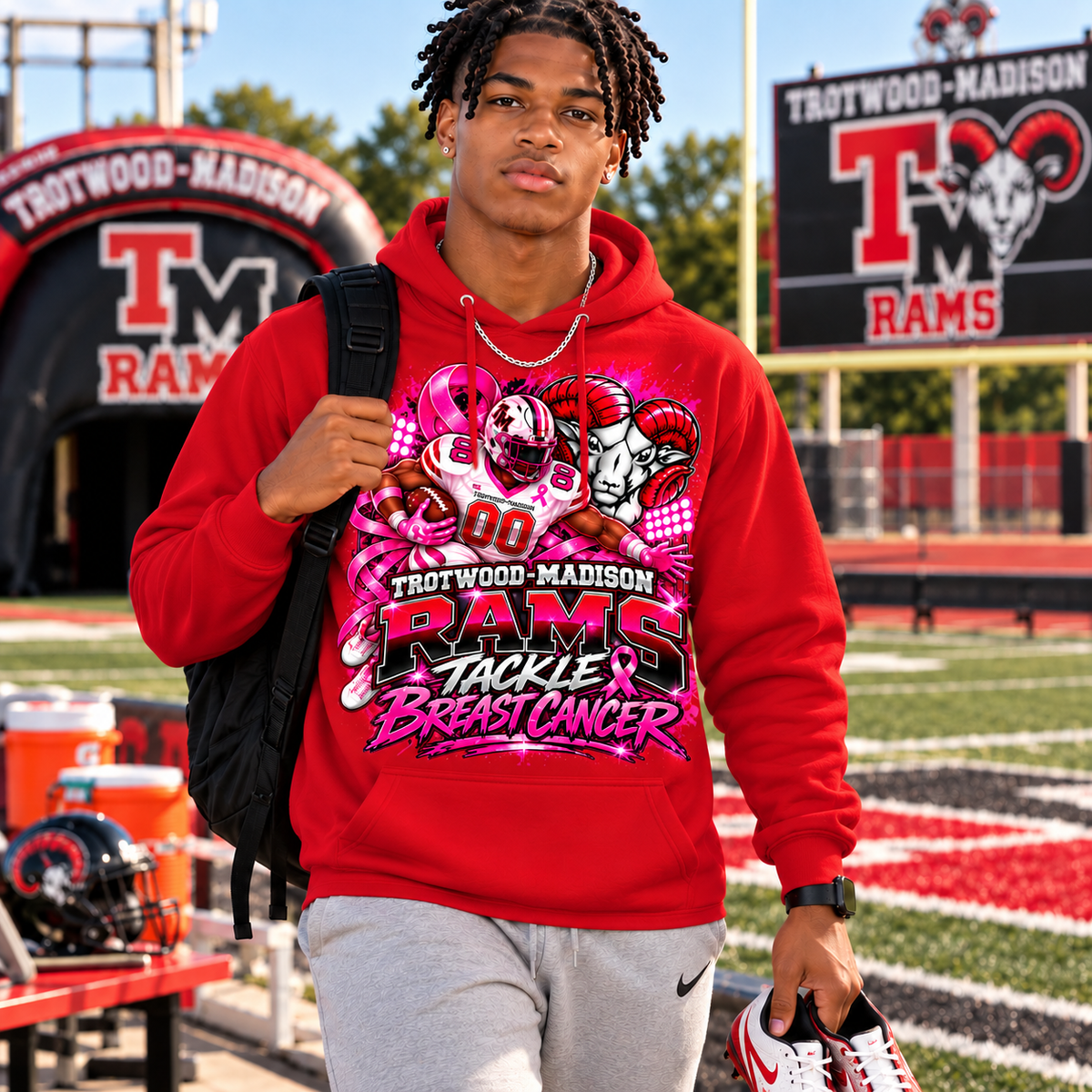 Trotwood-Madison Rams Tackle Breast Cancer Football Hoodie | Pink Out Spirit Hoodie