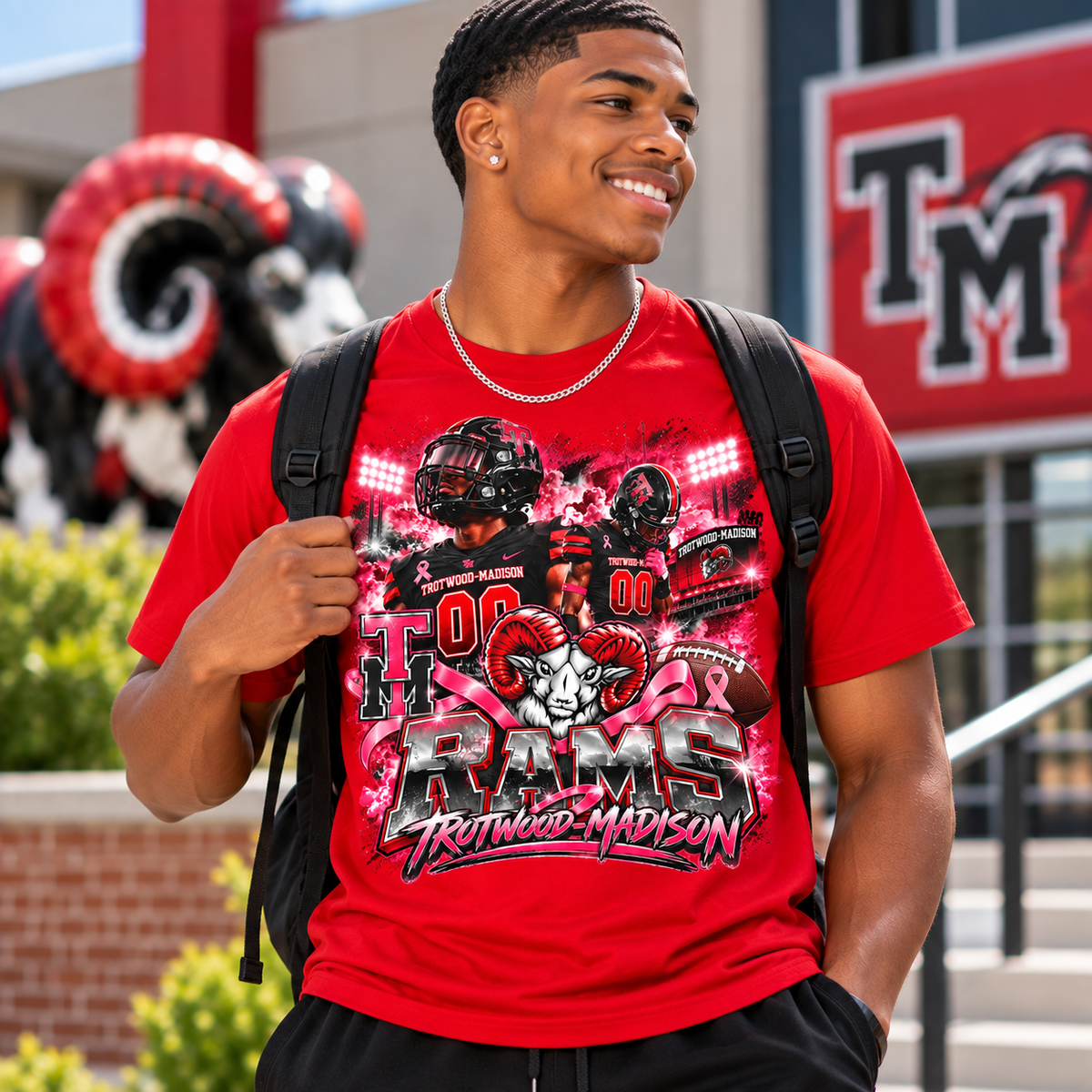 Trotwood-Madison Rams Football Breast Cancer Awareness T-Shirt | Pink Out Game Day Spirit Tee