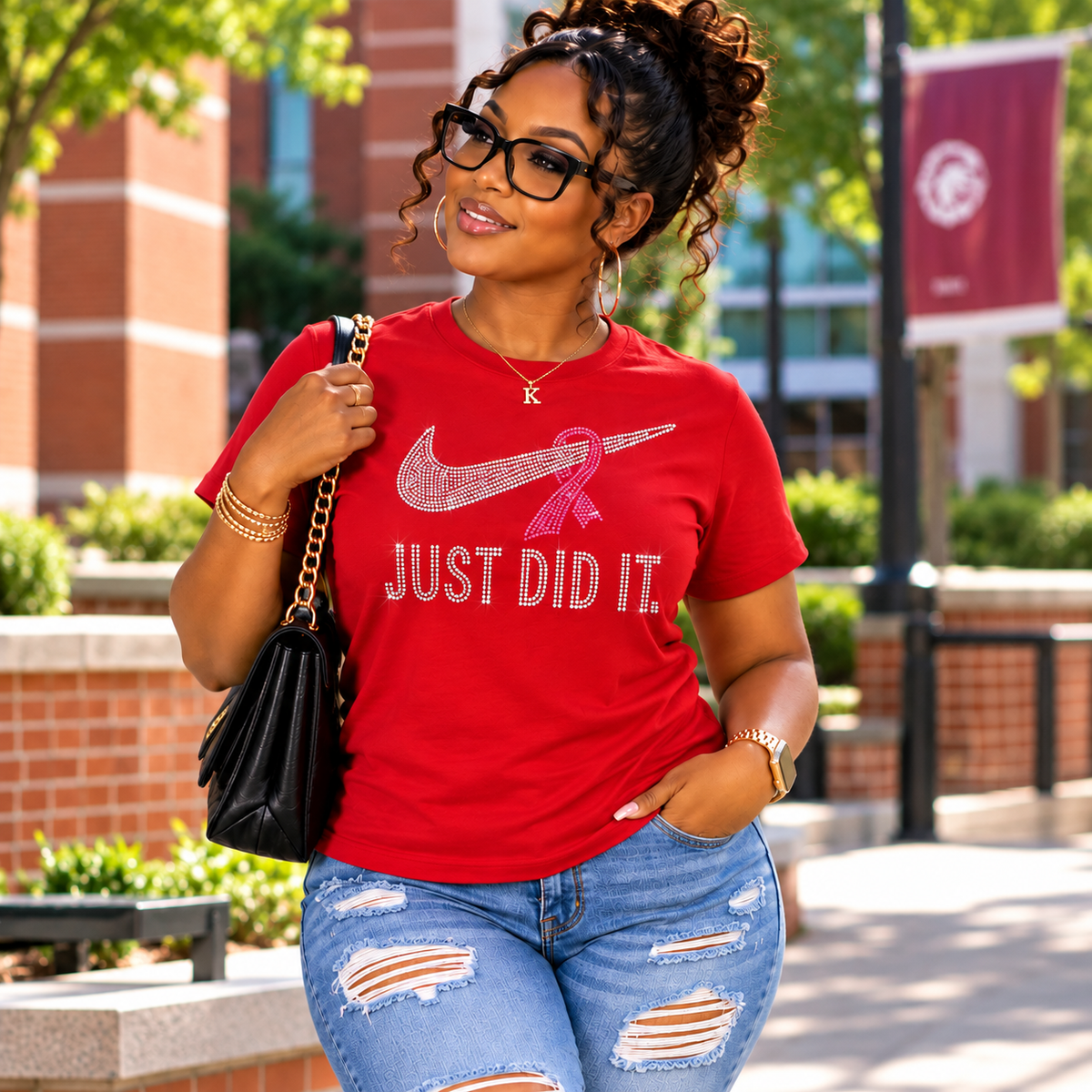 Just Did It. Rhinestone Breast Cancer Awareness T-Shirt | Pink Ribbon Bling Tee
