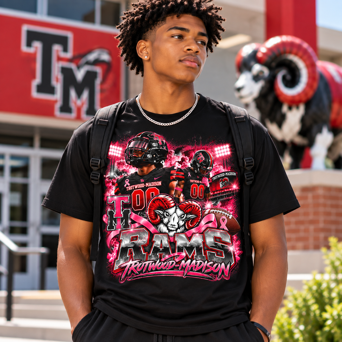 Trotwood-Madison Rams Football Breast Cancer Awareness T-Shirt | Pink Out Game Day Spirit Tee