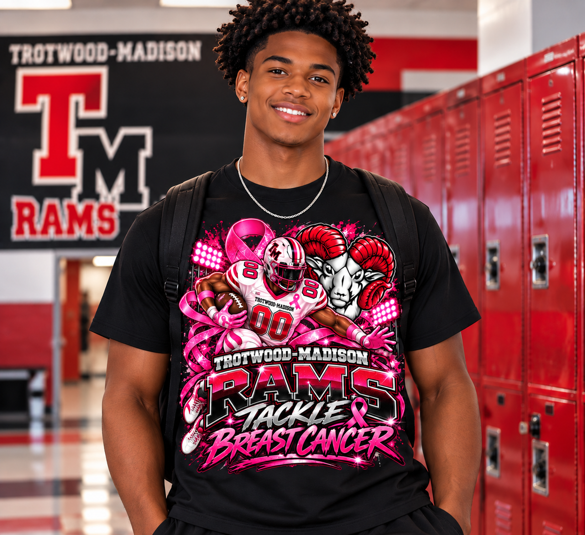 Trotwood-Madison Rams Tackle Breast Cancer Football T-Shirt | Pink Out Spirit Tee