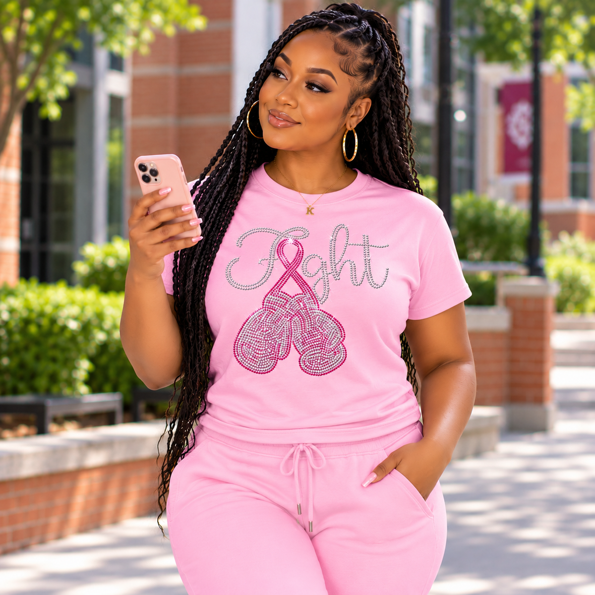Fight Breast Cancer Rhinestone T-Shirt | Pink Ribbon Boxing Gloves Graphic Tee | Women's Breast Cancer Awareness Shirt