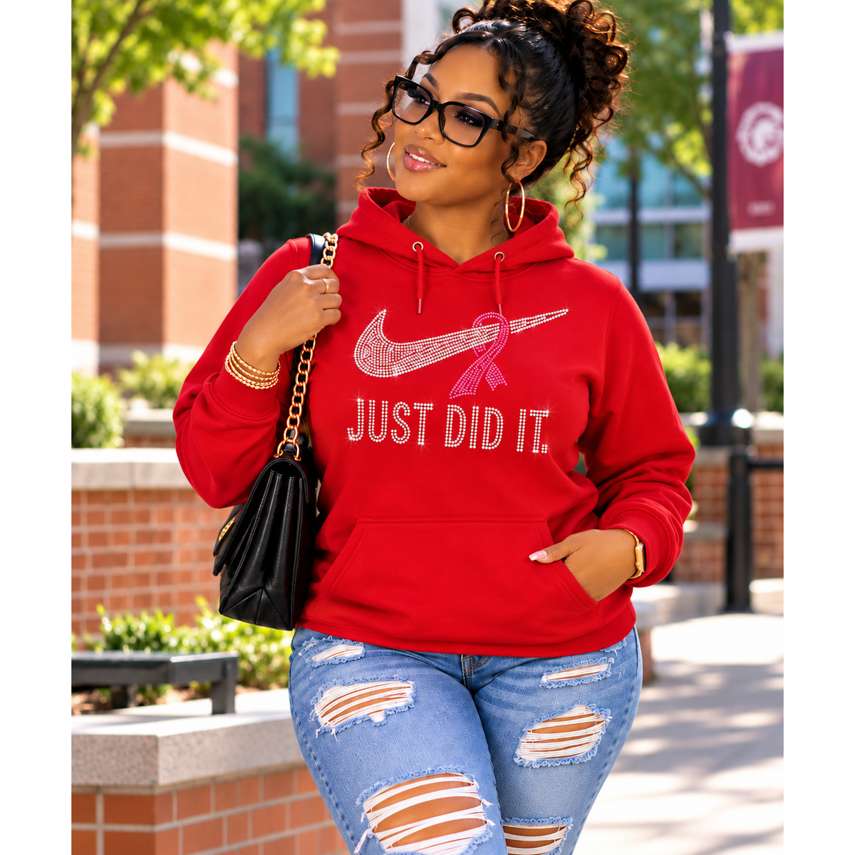 Just Did It. Rhinestone Breast Cancer Awareness Hoodie | Pink Ribbon Bling Hoodie
