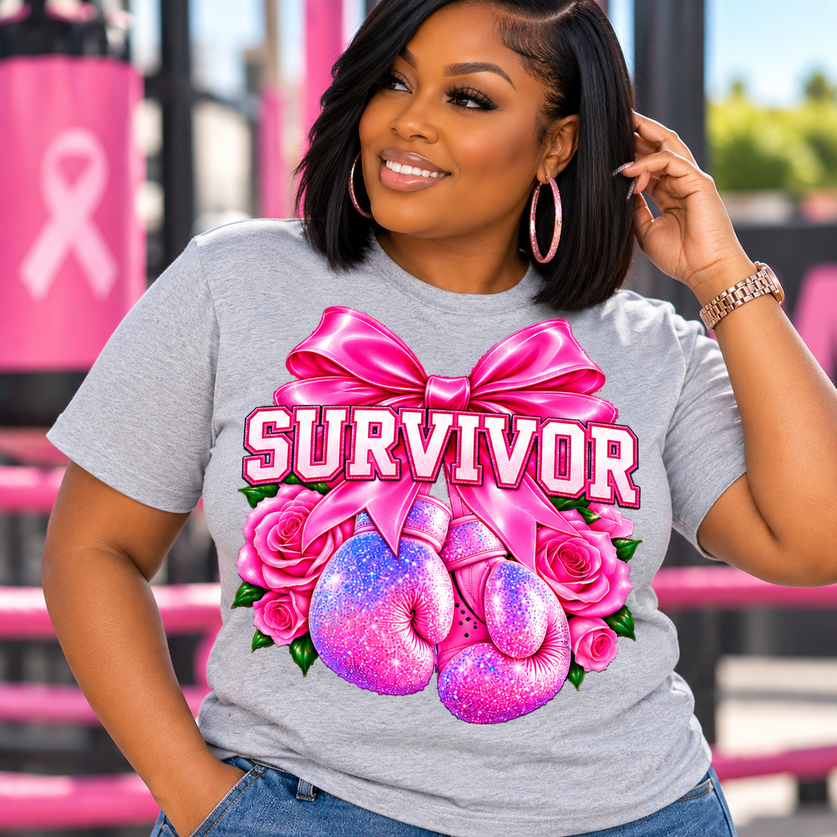 Survivor Breast Cancer Awareness T-Shirt | Pink Boxing Gloves & Bow Tee