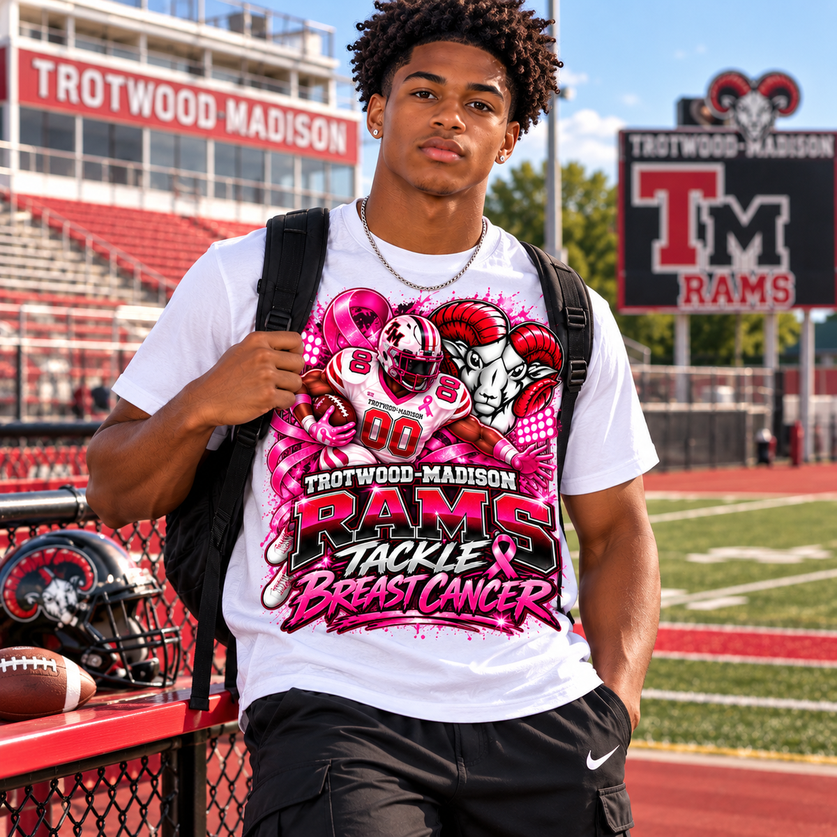 Trotwood-Madison Rams Tackle Breast Cancer Football T-Shirt | Pink Out Spirit Tee