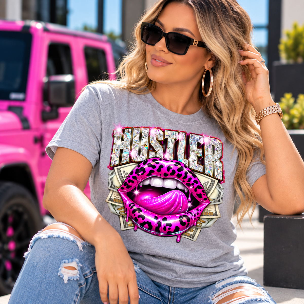 HUSTLER Rhinestone Lips Graphic T-Shirt | Glam Streetwear Statement Tee