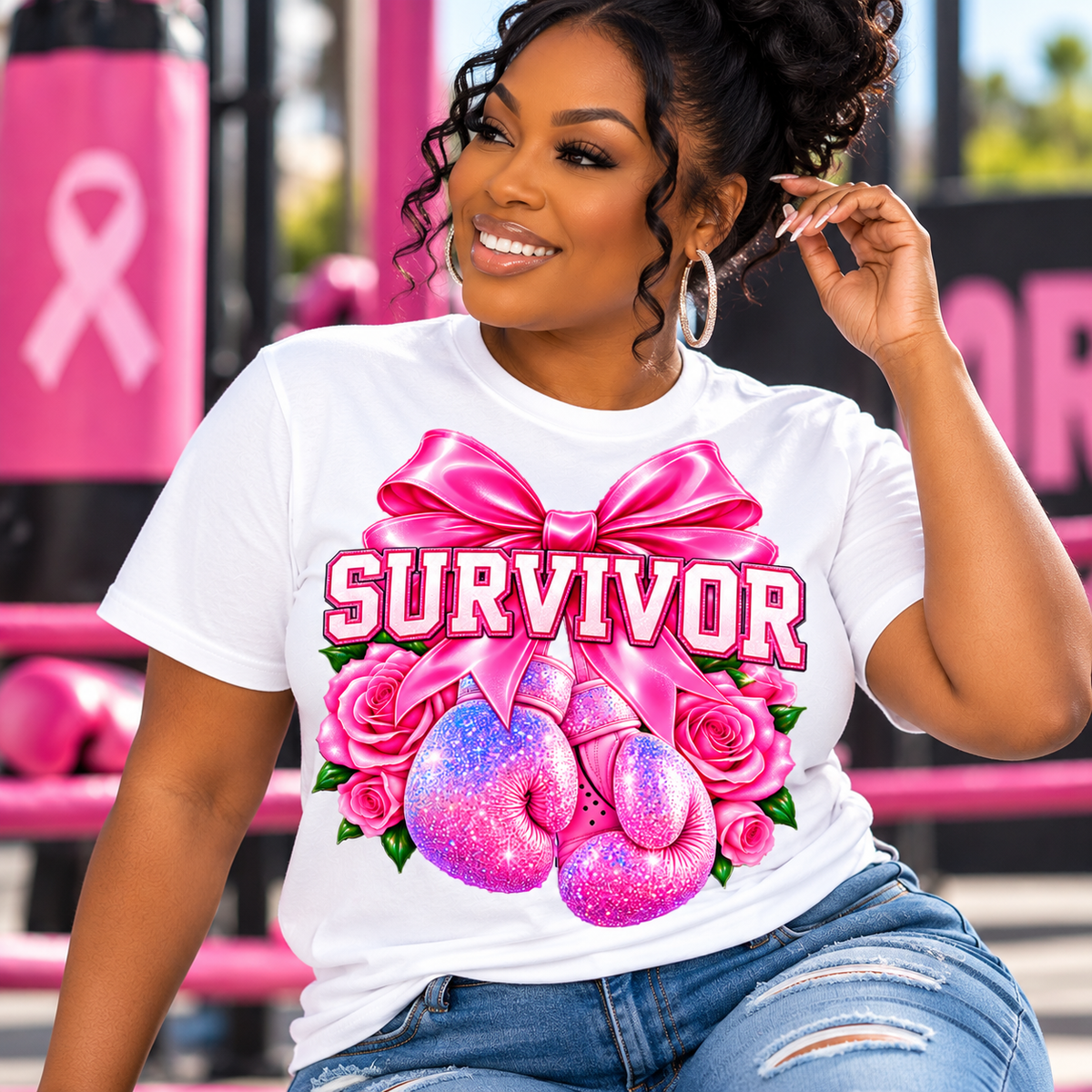 Survivor Breast Cancer Awareness T-Shirt | Pink Boxing Gloves & Bow Tee