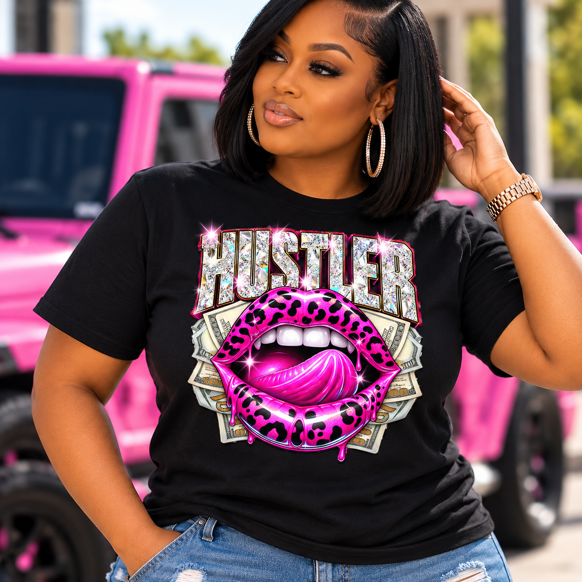 HUSTLER Rhinestone Lips Graphic T-Shirt | Glam Streetwear Statement Tee